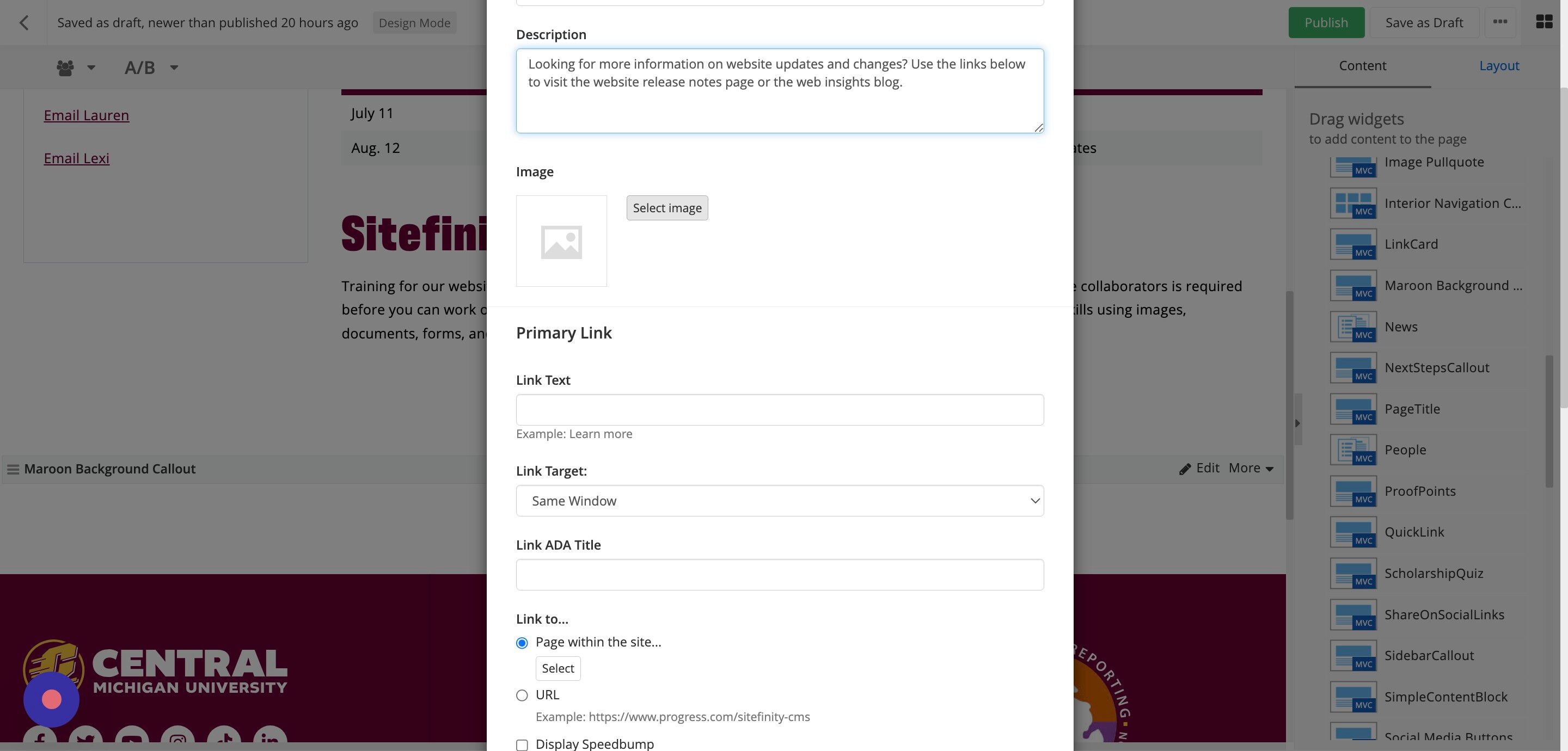 Screenshot of: If you would like to add a background image, click on Select image and select an image from the DAM that is 1800 pixels wide by 540 pixels tall.
