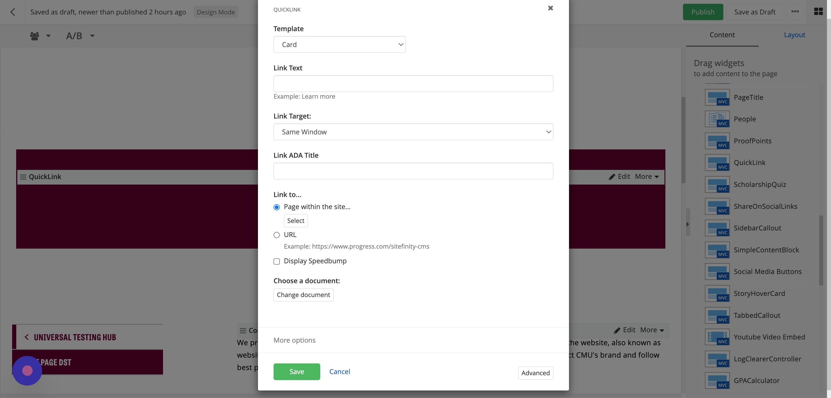 Screenshot of: To link to an external webpage, select the URL option and paste in the website's address.