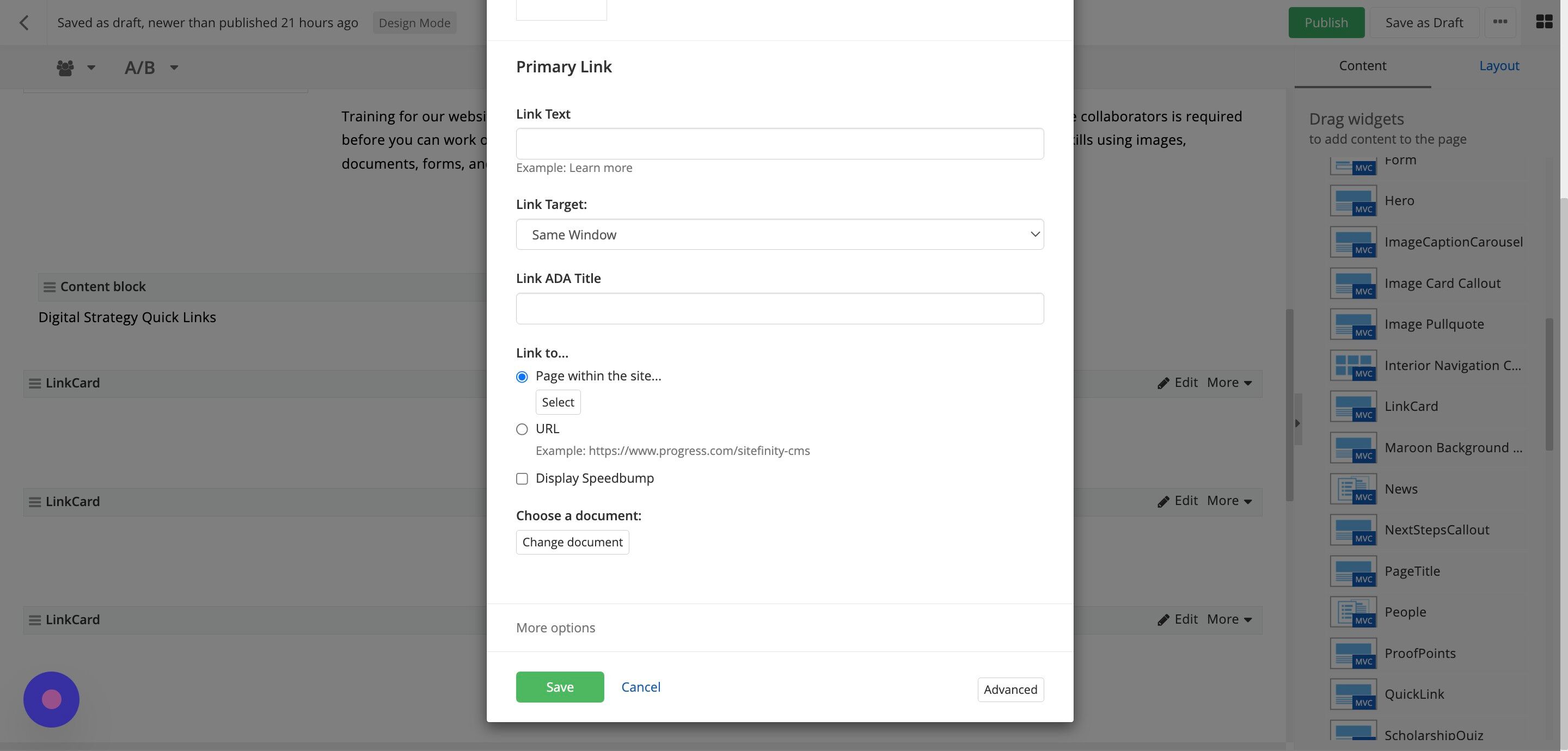 Screenshot of: To link to a page within the website, use the Page within the site option. A new window will open and you can select your preferred page.