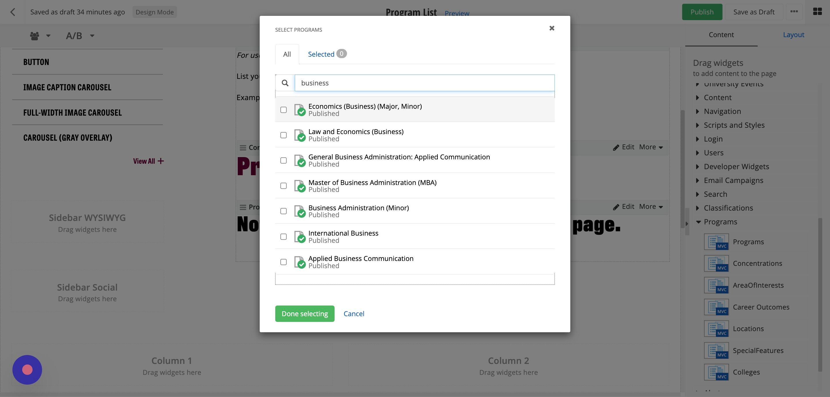 Screenshot of: Select the programs you want to display from the search results. 