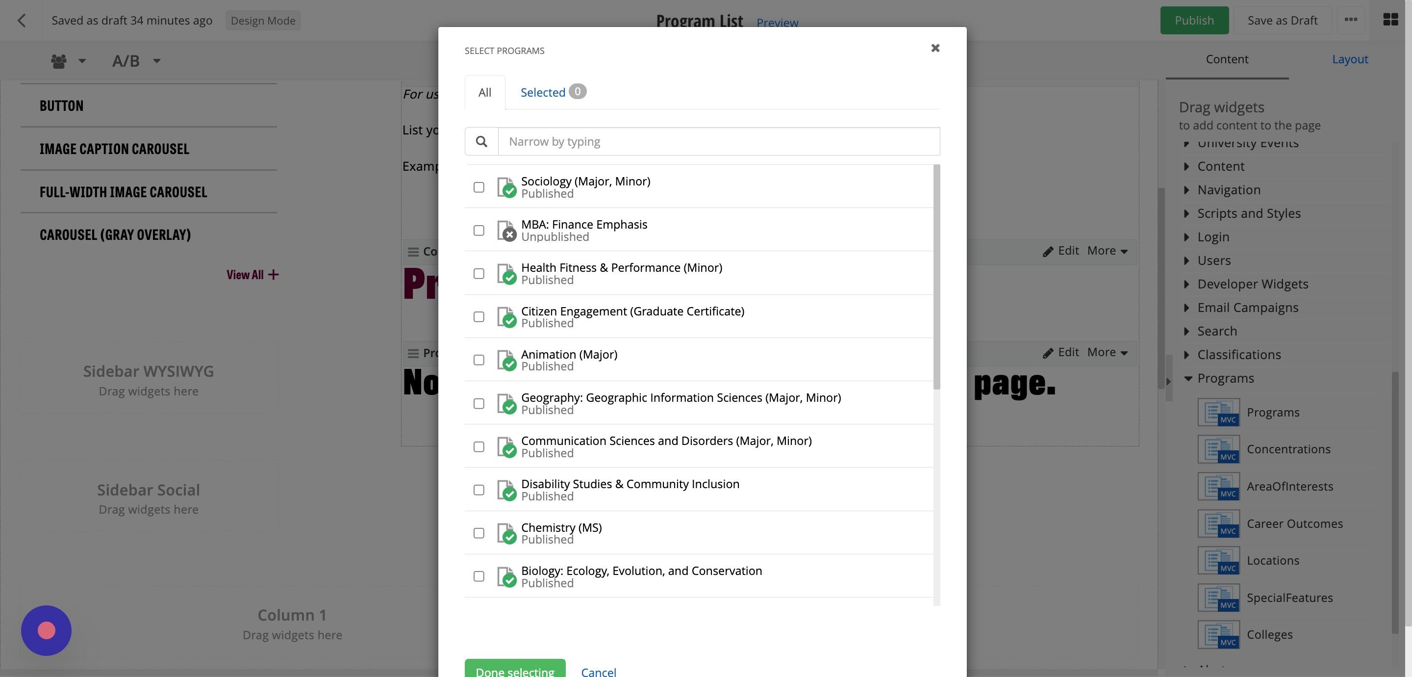 Screenshot of: Find the programs for the specific department you're working on.