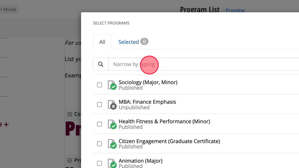 Screenshot of: Find the programs for the specific department you're working on.
