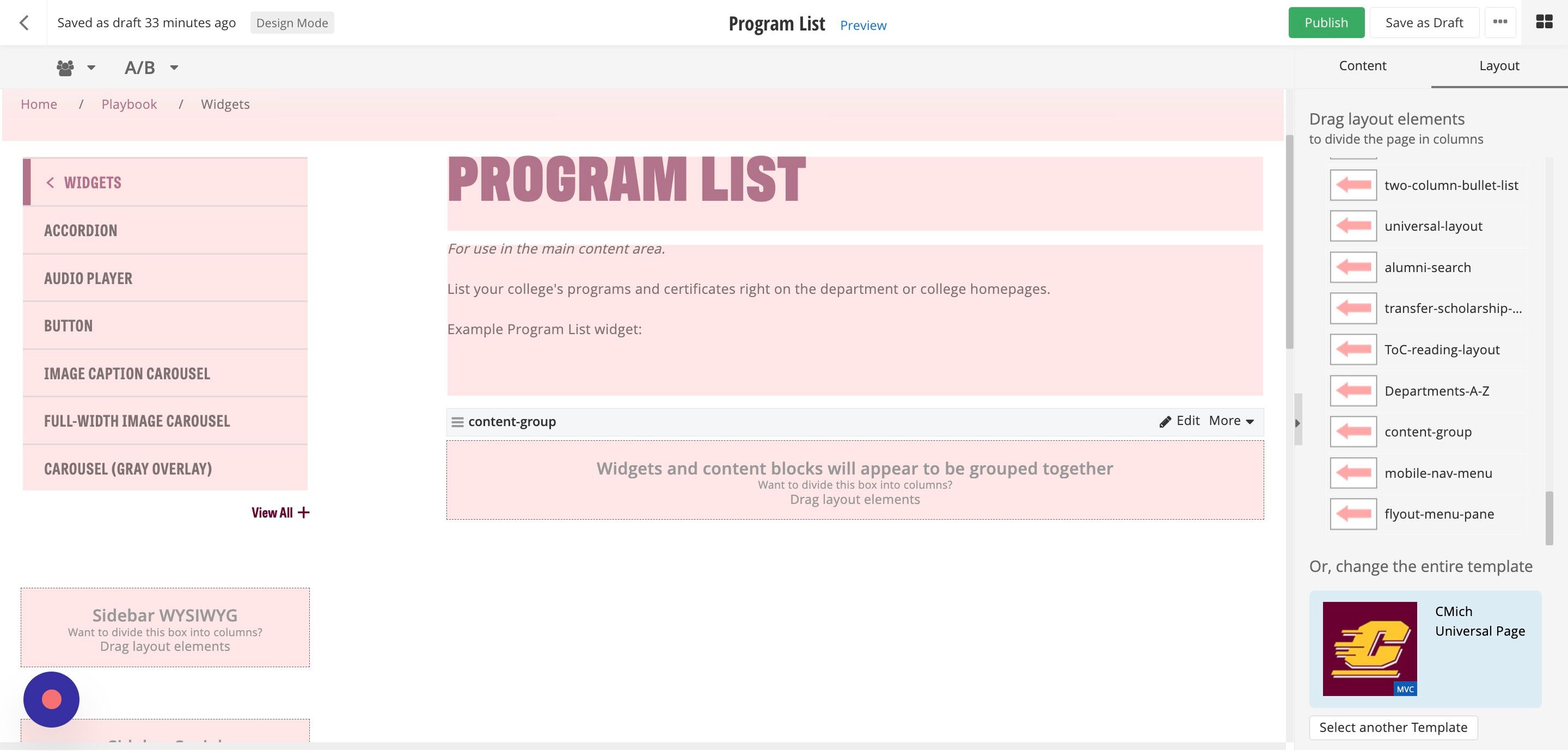 Screenshot of: Switch to the Content menu to add the widgets.