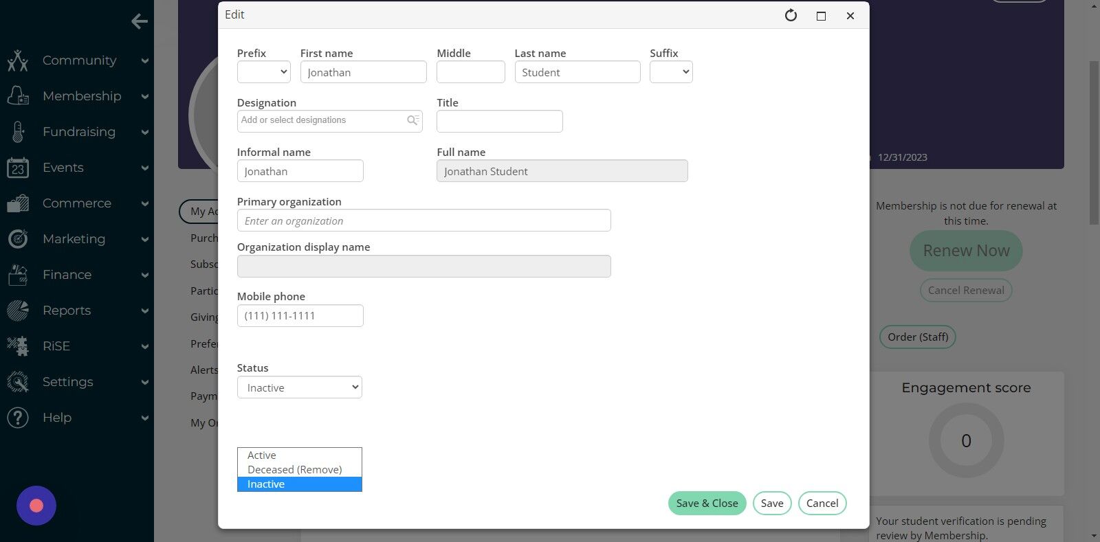 Screenshot of: Set the Status field to Active.