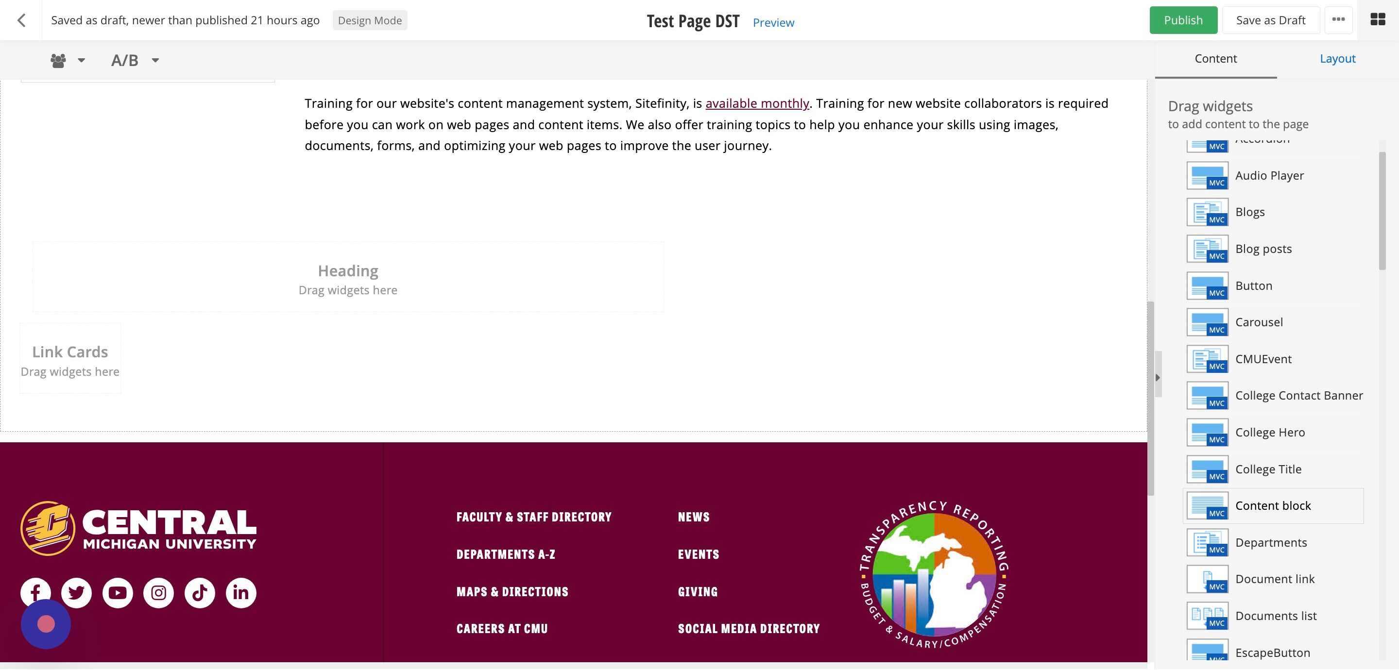 Screenshot of: Add the Content Block widget into the Heading area of the Maroon Link Card layout.