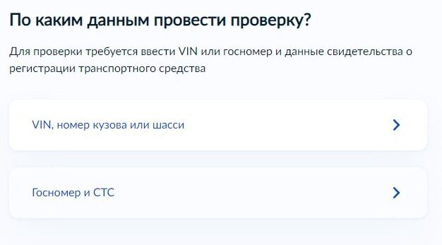 Screenshot of: Выберите, по каким данным необходимо провести проверку: VIN, номер кузова или шасси, или госномер и СТС. 