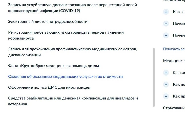 Screenshot of: В разделе "Популярные услуги" выберите услугу "Сведения об оказанных медицинских услугах и их стоимости".