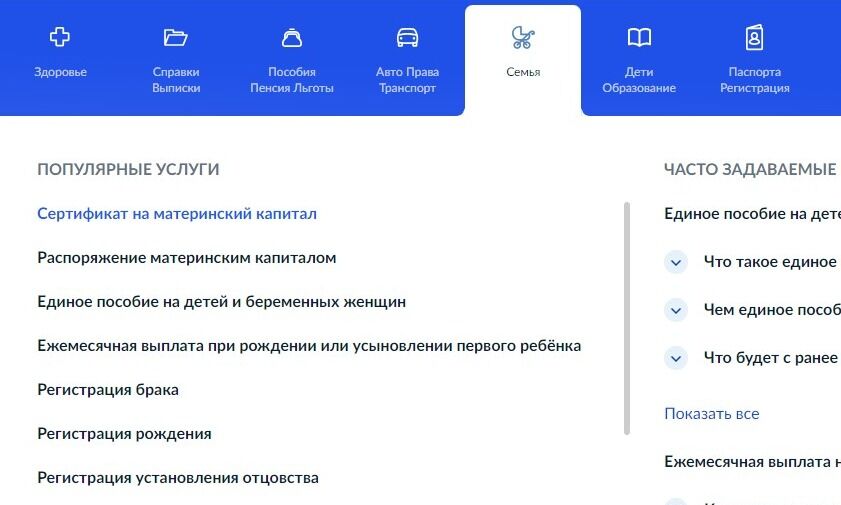 Screenshot of: В разделе "Популярные услуги" выберите услугу "Сертификат на материнский капитал".