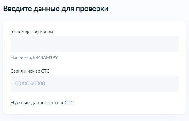 Screenshot of: Введите данные для проверки. При выборе по госномеру и СТС укажите госномер с регионом. 