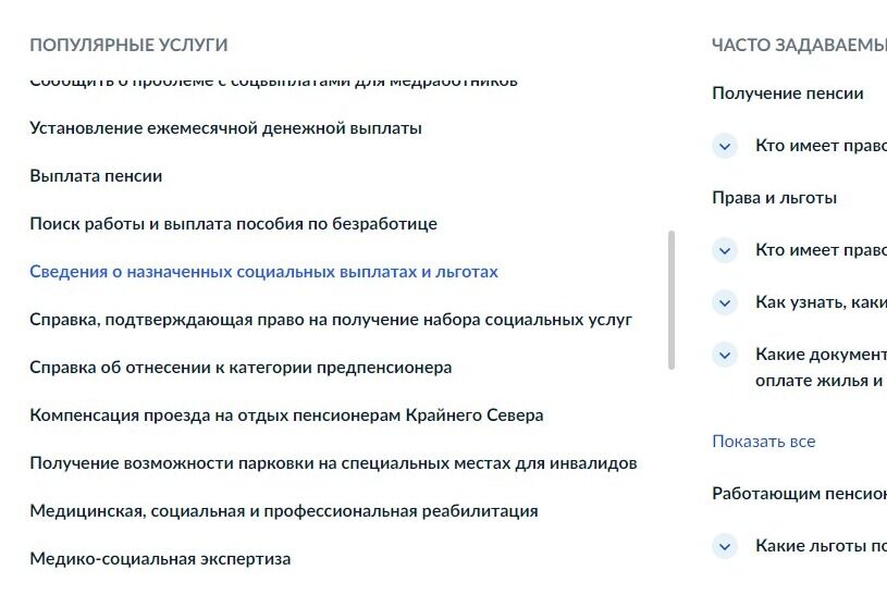 Screenshot of: В разделе "Популярные услуги" выберите услугу "Сведения о назначенных социальных выплатах и льготах".