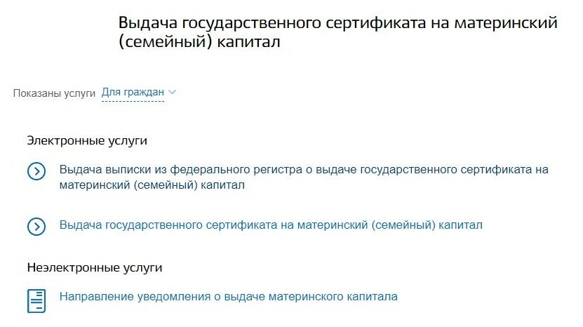 Screenshot of: В электронных услугах выберите "Выдача выписки из федерального регистра о выдаче государственного сертификата на материнский (семейный) капитал".