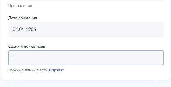 Screenshot of: Укажите серию и номер прав. 