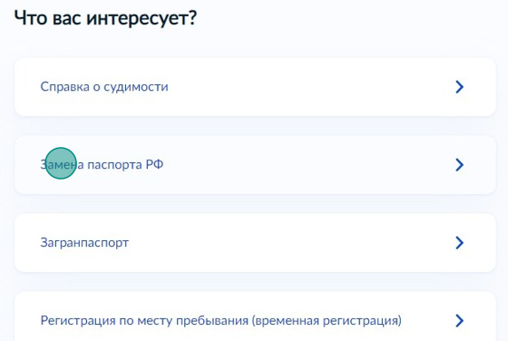 Screenshot of: Выберите из списка "Замена паспорта РФ".