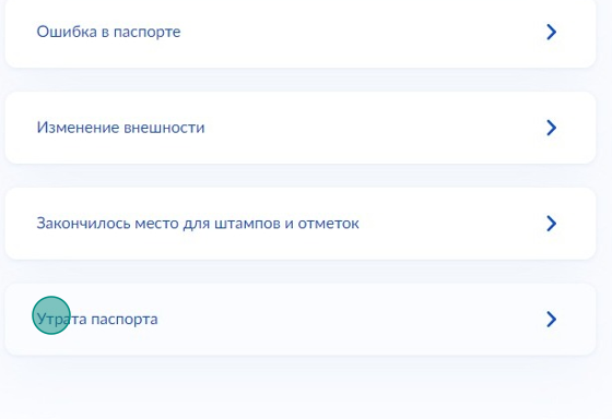 Screenshot of: Выберите причину замены "Утрата паспорта".