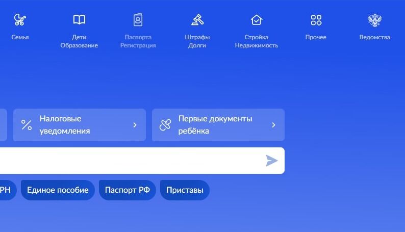Screenshot of: На главной в меню выберите "Паспорта Регистрация" и перейдите по ссылке.