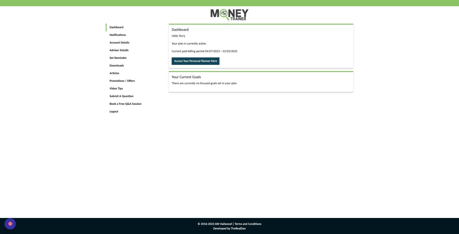 Screenshot of: Click "Access Your Personal Planner Here"