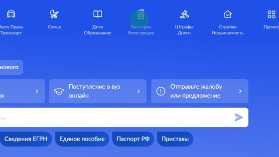 Screenshot of: На главной в меню выберите "Паспорта Регистрация" и перейдите по ссылке.
