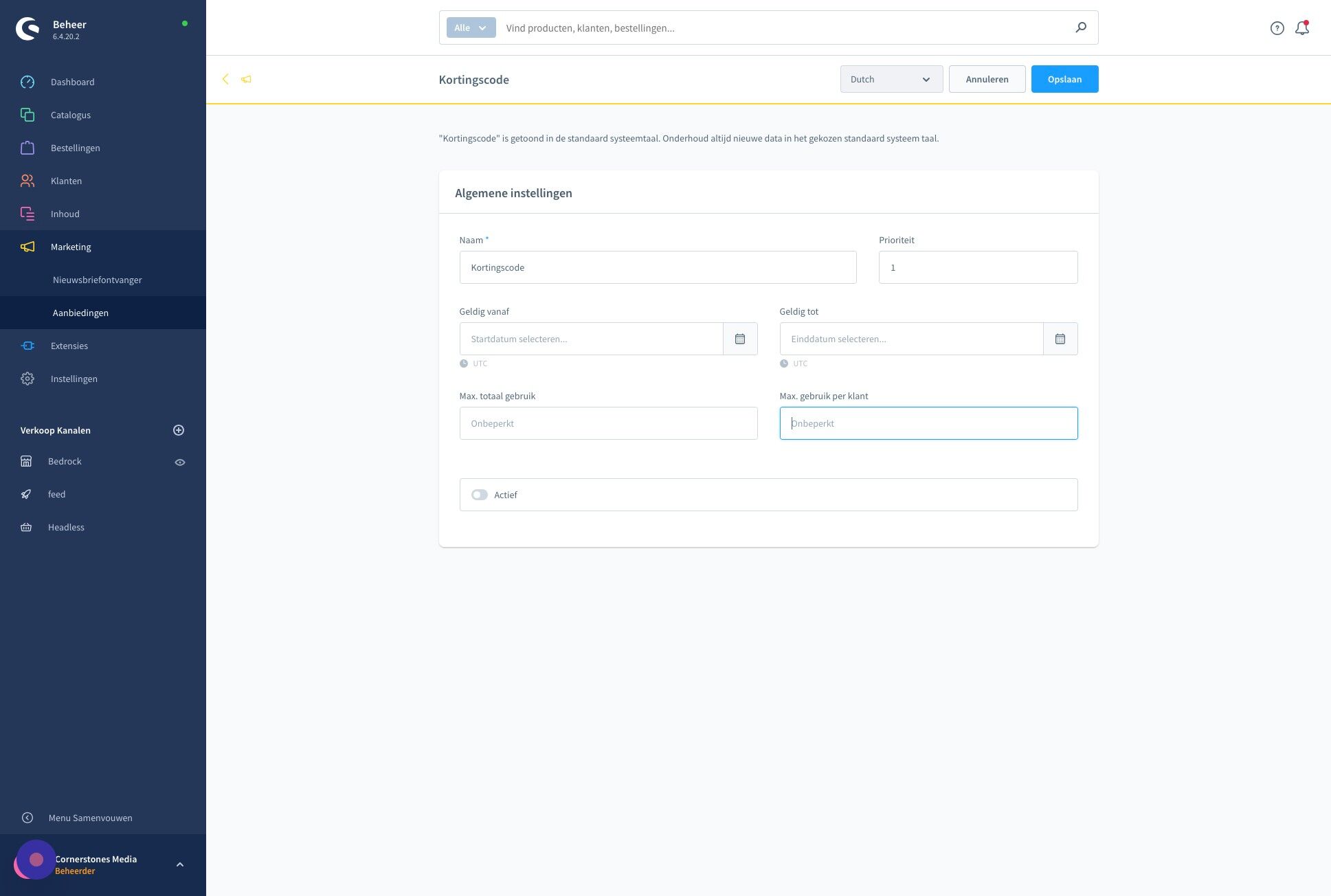 Screenshot of: Zet dan de promotie op 'actief' om deze aan te zetten in de shop