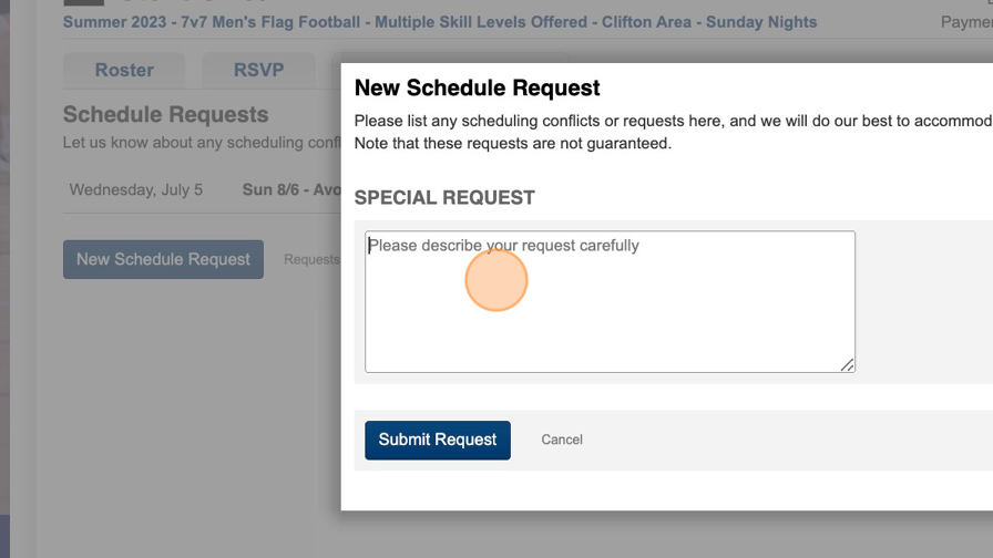 Screenshot of: Click the "Please describe your request carefully" field and type in your request. 