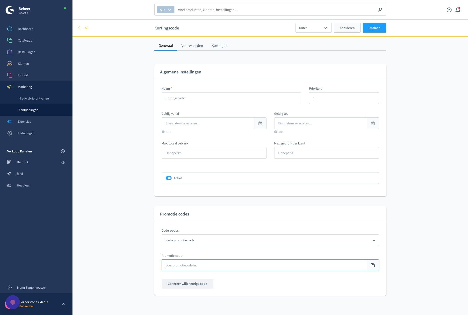 Screenshot of:  of laat de shop zelf een willekeurige code genereren