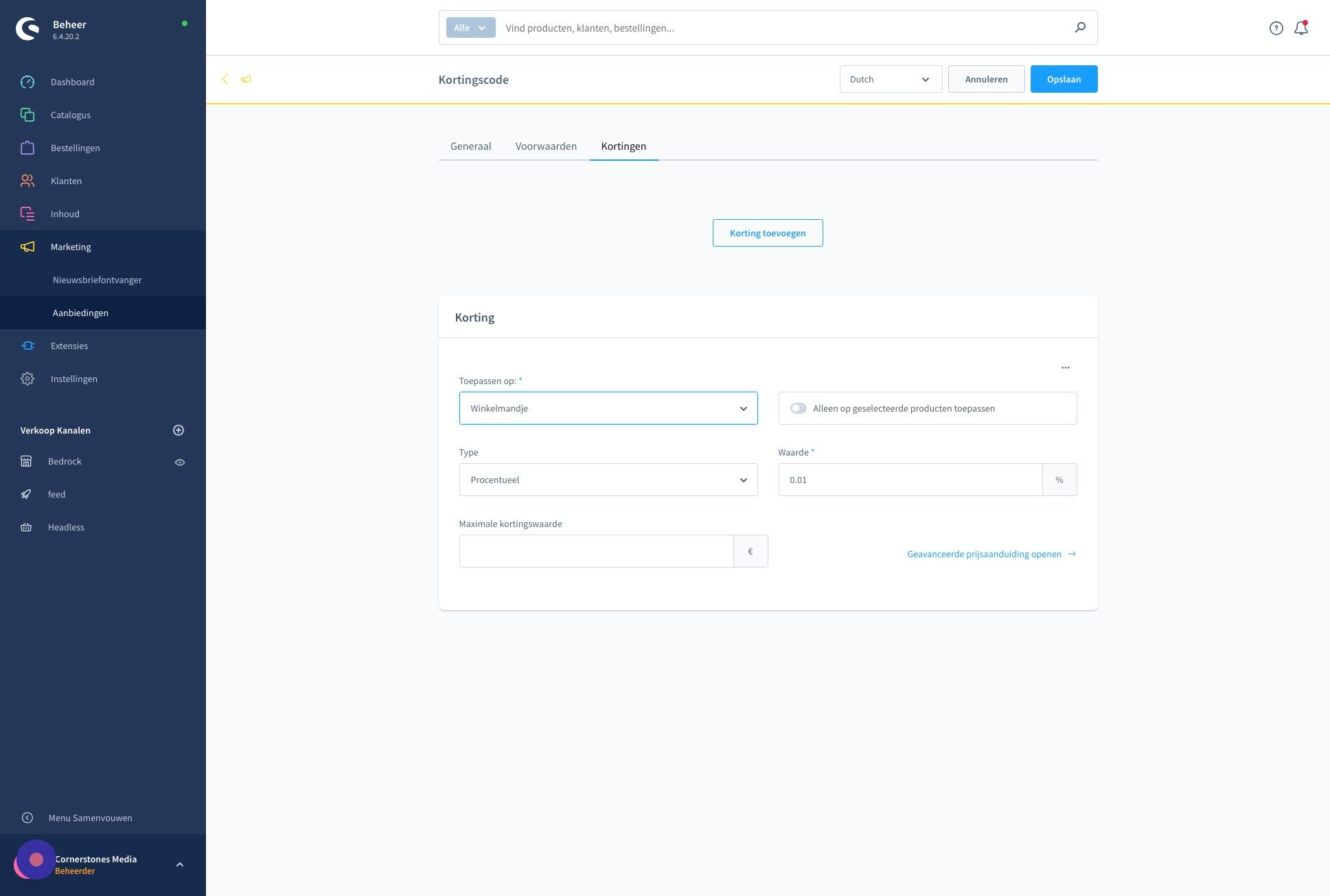 Screenshot of: Geef aan waar de korting op toepassing is