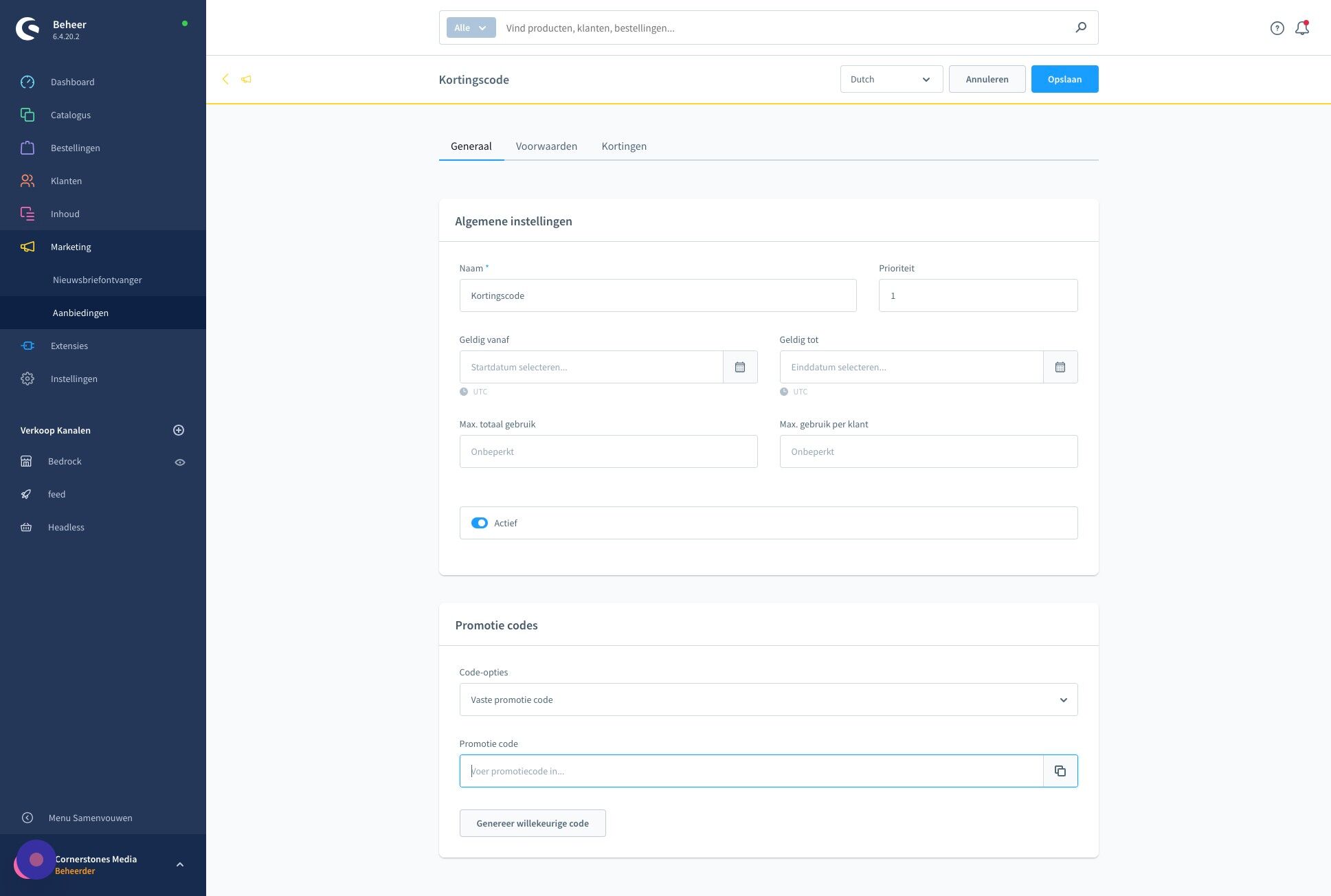 Screenshot of: Met "Vaste promotie code" maak je 1 code aan. Vul zelf een code in...