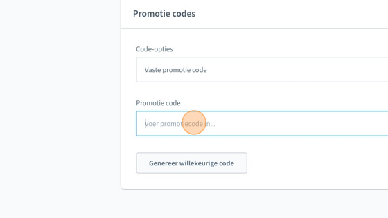 Screenshot of: Met "Vaste promotie code" maak je 1 code aan. Vul zelf een code in...