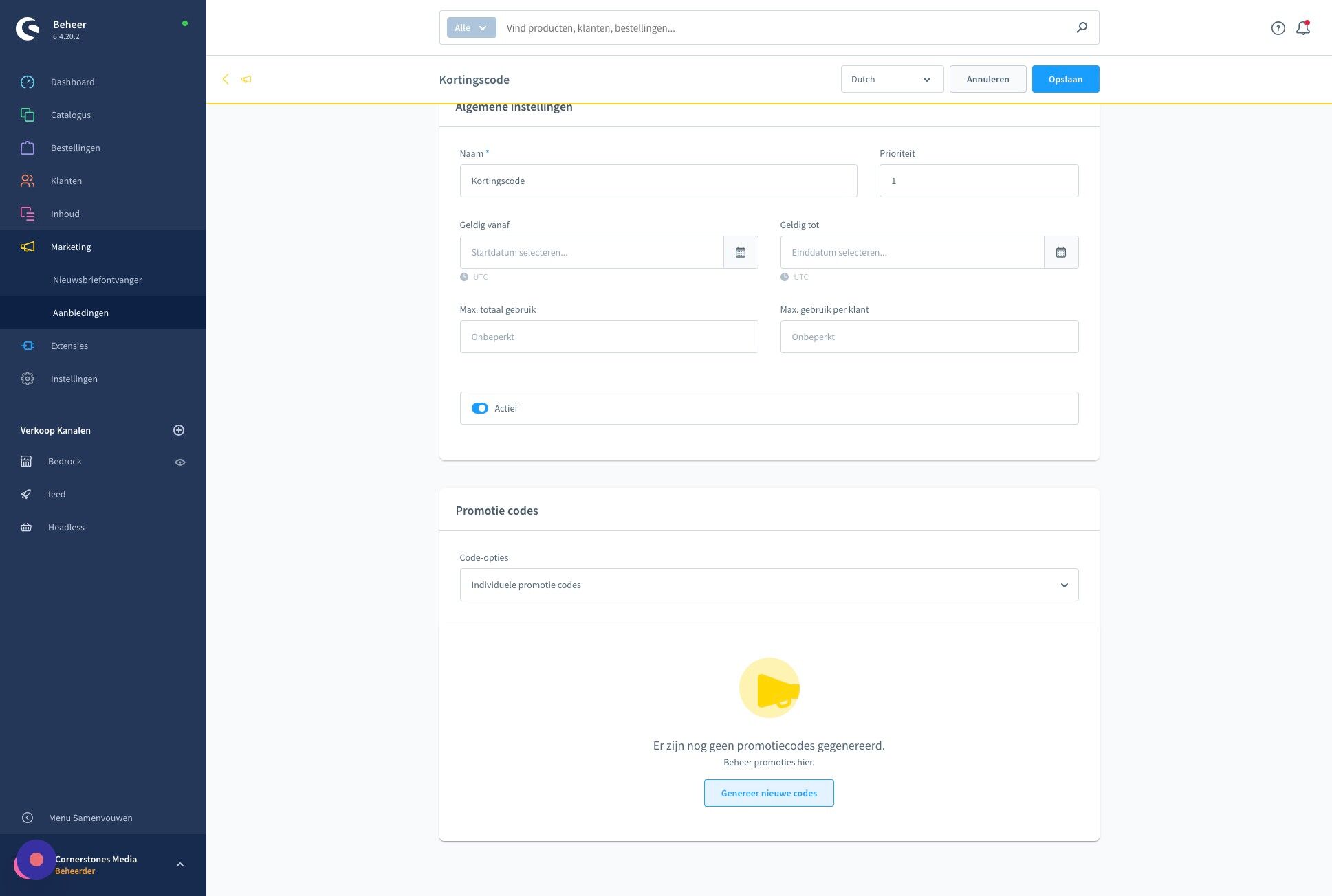 Screenshot of: De andere optie is 'individuele promotie codes' maken. Je kan dan een lijst automatisch laten opmaken