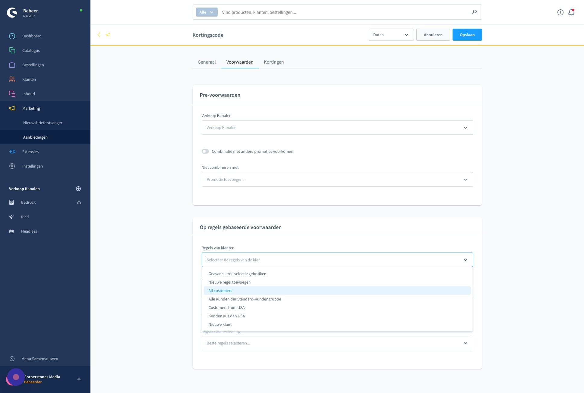 Screenshot of: Bijv. "All customers" (deze regels kan je zelf beheren)