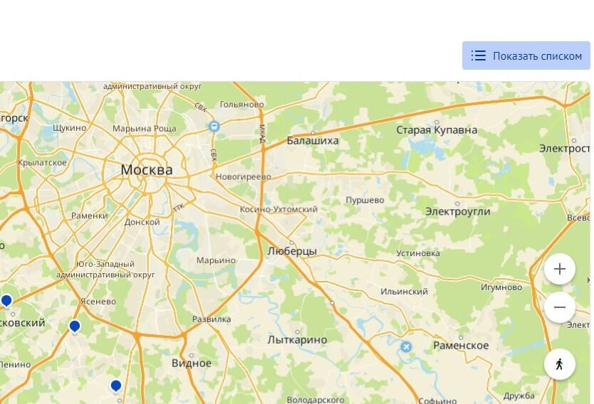 Screenshot of: Выберите место получения услуги на карте или из списка. 