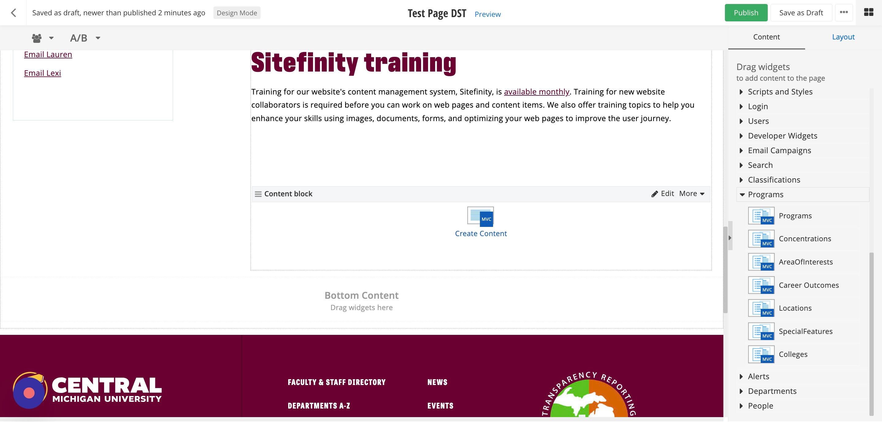 Screenshot of: Find the Programs widget and drag and drop it into the content group layout, under the Content Block widget.