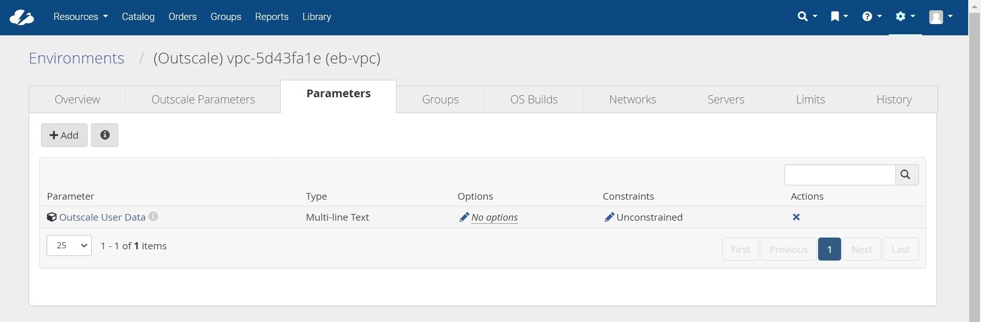 Screenshot of: In the Environment Parameters tab, add "Outscale User Data"