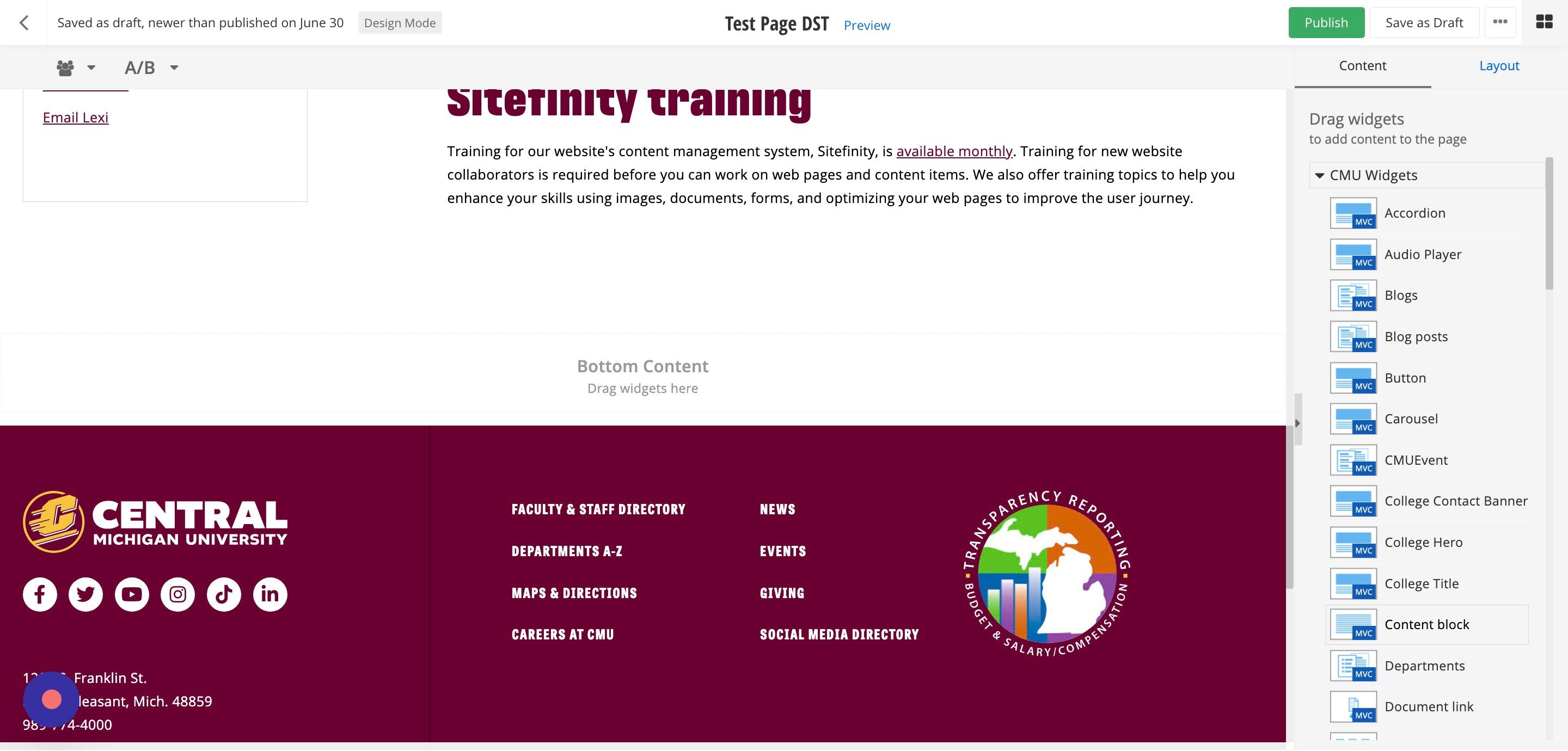 Screenshot of: Add the Content Block widget to the content-group layout.