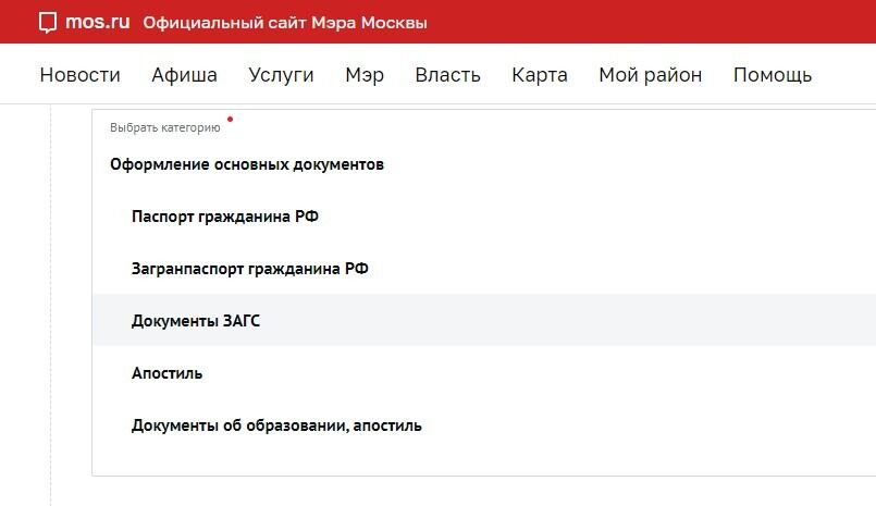 Screenshot of: Выберите категорию. Например, "Документы ЗАГС".