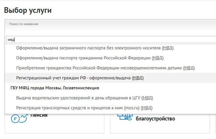 Screenshot of: Напишите "МВД" в поисковой строке и выберите из списка нужную услугу. 