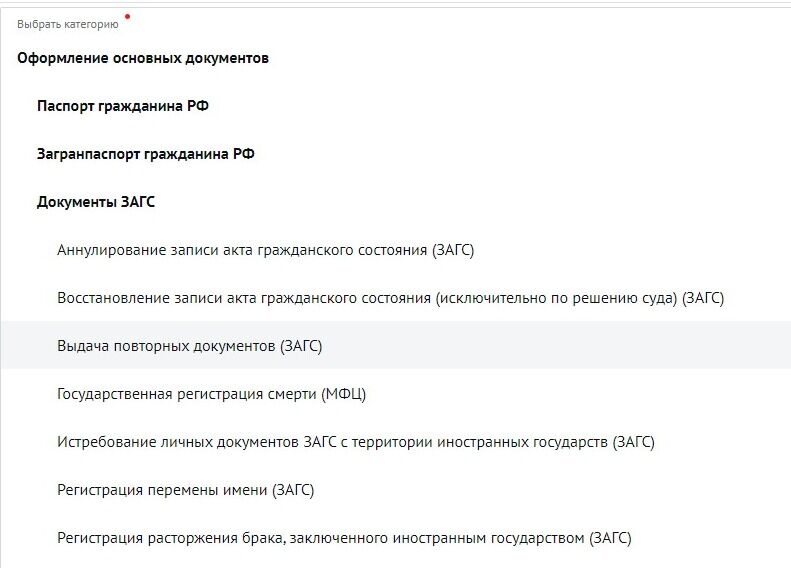 Screenshot of: Выберите конкретную услугу. Например, "Выдача повторных документов (ЗАГС)".