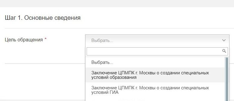 Screenshot of: Выберите цель обращения из списка. 