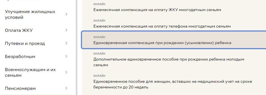 Screenshot of: Выберите услугу "Единовременная компенсация при рождении (усыновлении) ребенка".