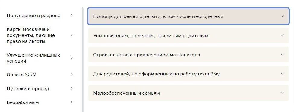Screenshot of: Выберите "Помощь для семей с детьми, в том числе многодетных".