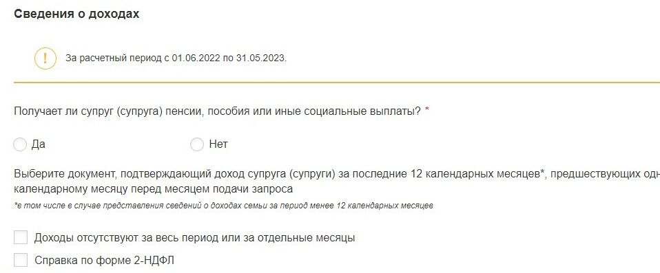 Screenshot of: Укажите сведения о доходах супруга. Поставьте нужную отметку, если получает пенсии, пособия или иные социальные выплаты. 