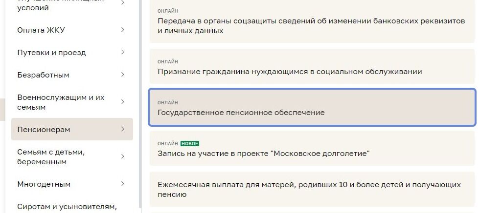 Screenshot of: Выберите "Государственное пенсионное обеспечение".