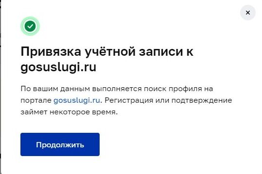 Screenshot of: По Вашим данным начнется поиск профиля на портале Госуслуг. Регистрация или подтверждение займет некоторое время. Нажмите кнопку "Продолжить".