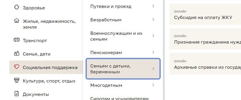 Screenshot of: Выберите "Семьям с детьми, беременным".