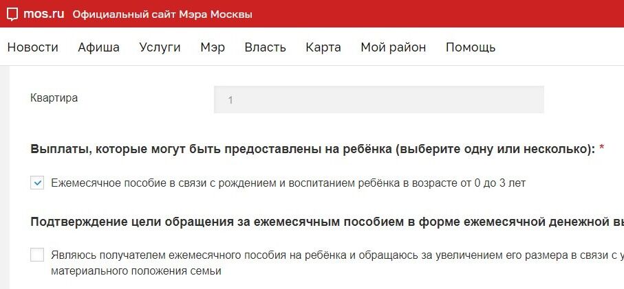 Screenshot of: Выберите одну или несколько выплат, которые могут быть предоставлены на ребенка.
