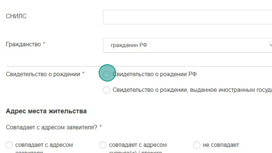 Screenshot of: Укажите, какое свидетельство о рождении у ребенка: выданное РФ или иностранным государством. 