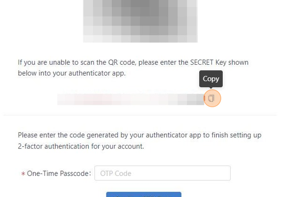 Screenshot of: Scan QR code from the Authenticator and copy the SECRET Key.