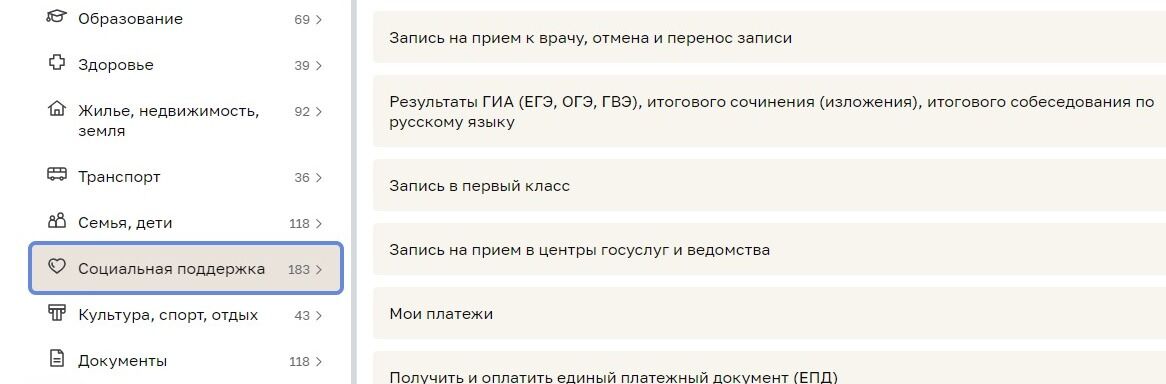 Screenshot of: В открывшемся меню выберите "Социальная поддержка".