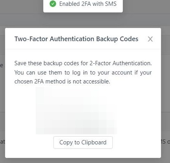 Screenshot of: Now, you are enabled 2FA with SMS.