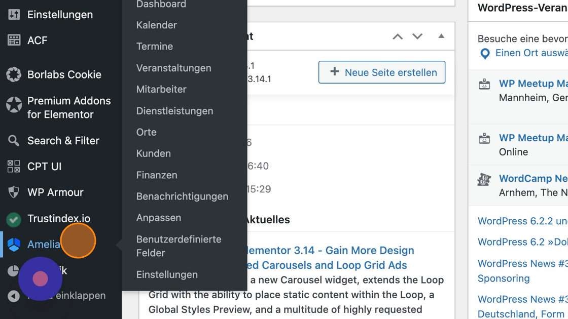 Screenshot of: Klicke links im Menü auf "Amelia"