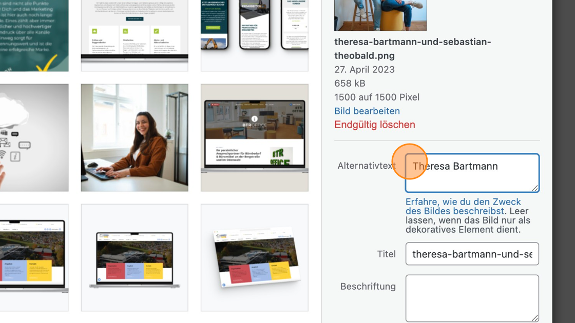 Screenshot of: Trage dort ein, was auf dem Bild zu sehen ist. Ggf. kannst Du dort auch Keywords einbauen, wenn es passt.